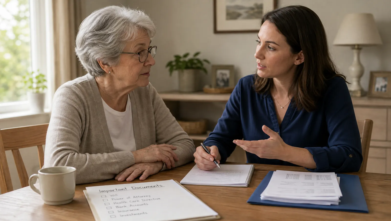 Talking Money Agingloved Ones Adult Child Gently Discussing Finances with Elderly Parent at Kitchen Table